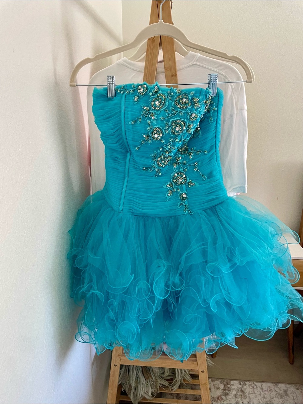aspeed USA Blue sequin and bead Tulle Corset Boned LaceUp Mini Dress Quinceañera